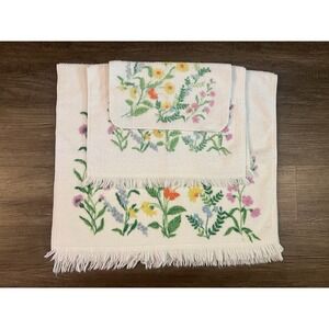 Vtg 1970s Dundee‎ Pink & Blue Flower Power Towel, Hand Towel, & Washcloth Fringe